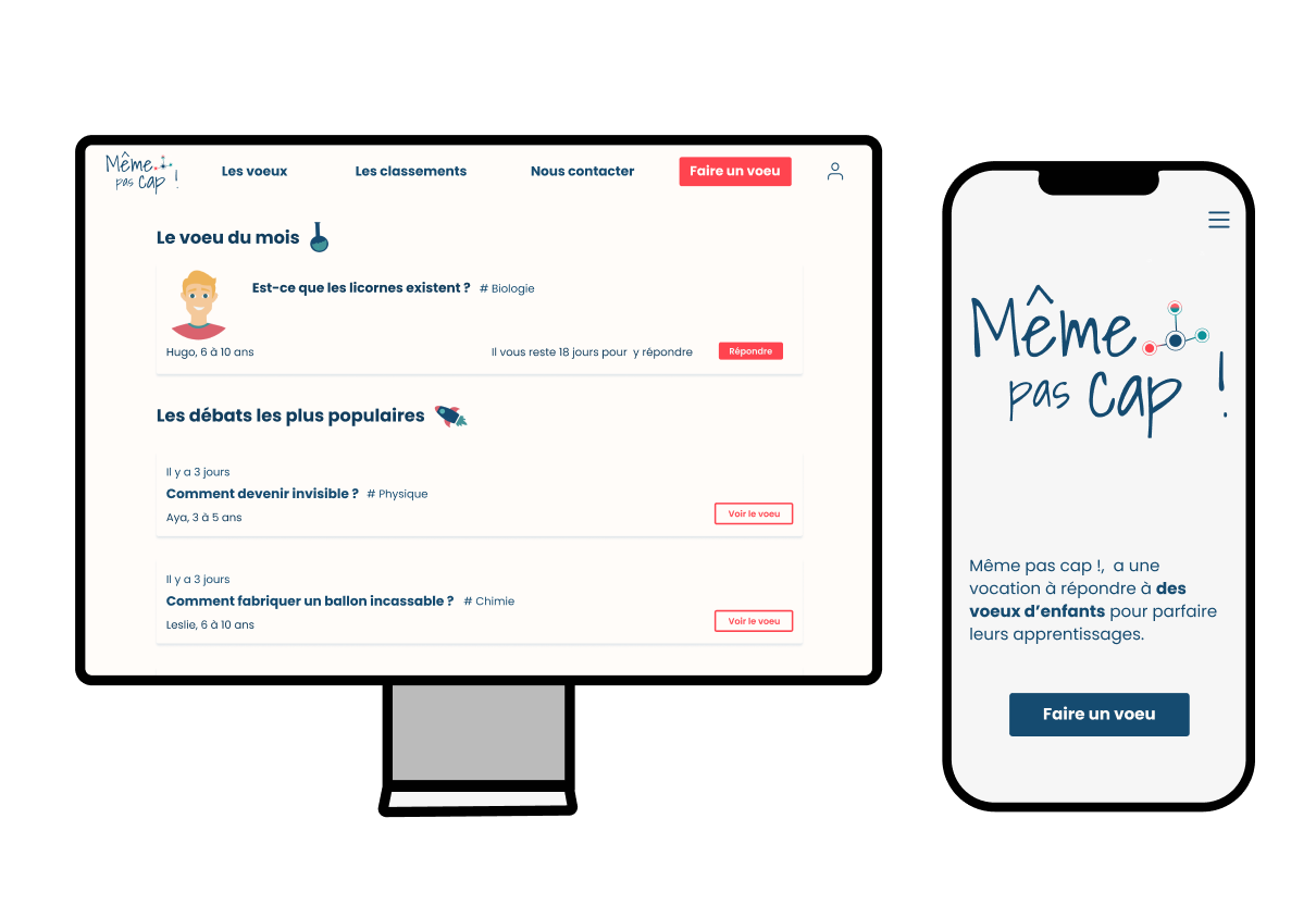 Interface web au format desktop et mobile du projet 'Même pas cap !'